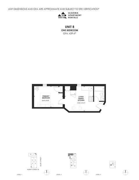 Floor plan for 1 bed, 1 bath, 439 sqft